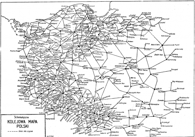 Schemat linii kolejowych w 1945 roku